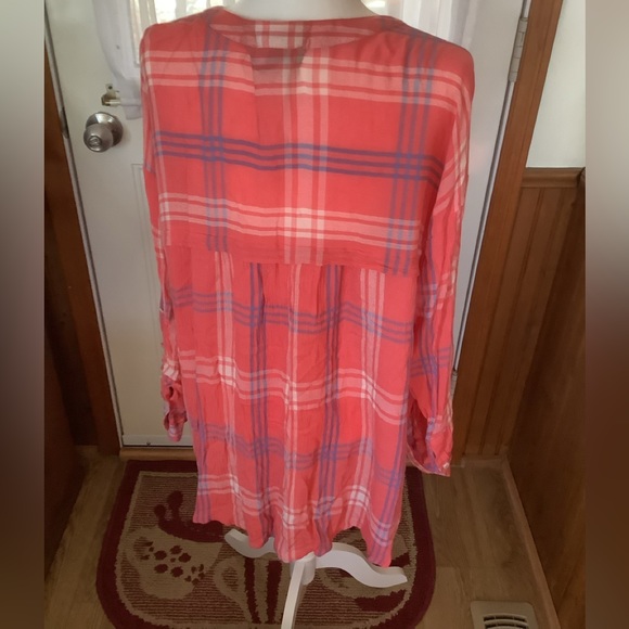 Nine West Jeans 1/2 Button Up Shirt Women Coral White Blue Plaid Mock Ne… - Picture 2 of 4